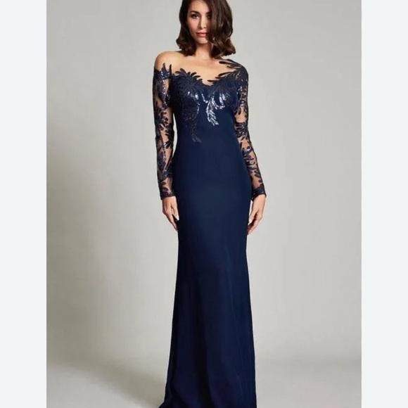 Tadashi Shoji Sequin Lace Long-Sleeve Crepe Illusion Gown